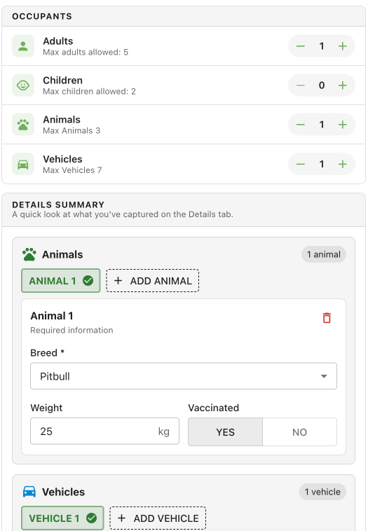 Occupant counts and the Details Summary card in one continuous view, with Animal 1 expanded showing several field types filled in