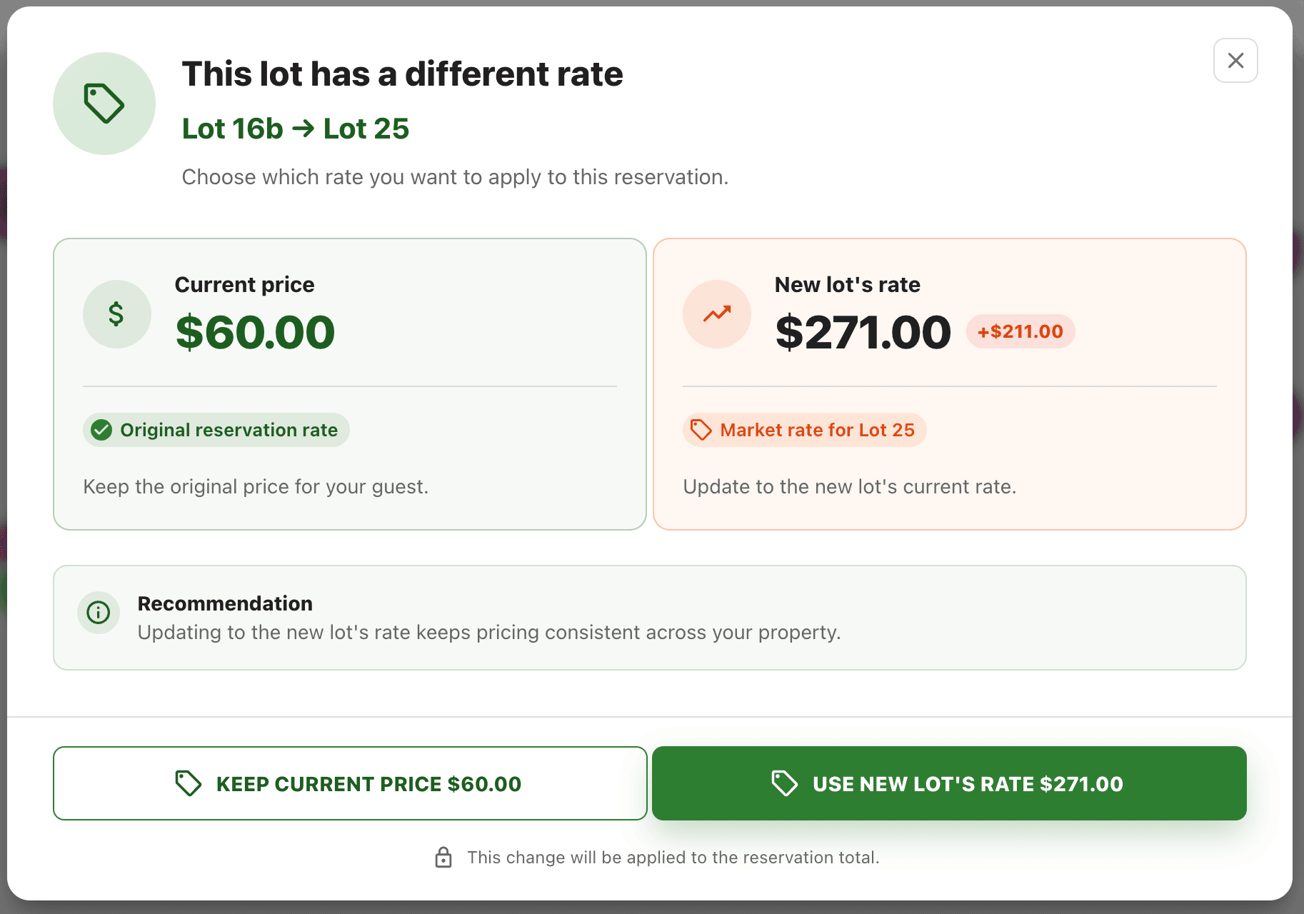 Lot switch rate dialog
