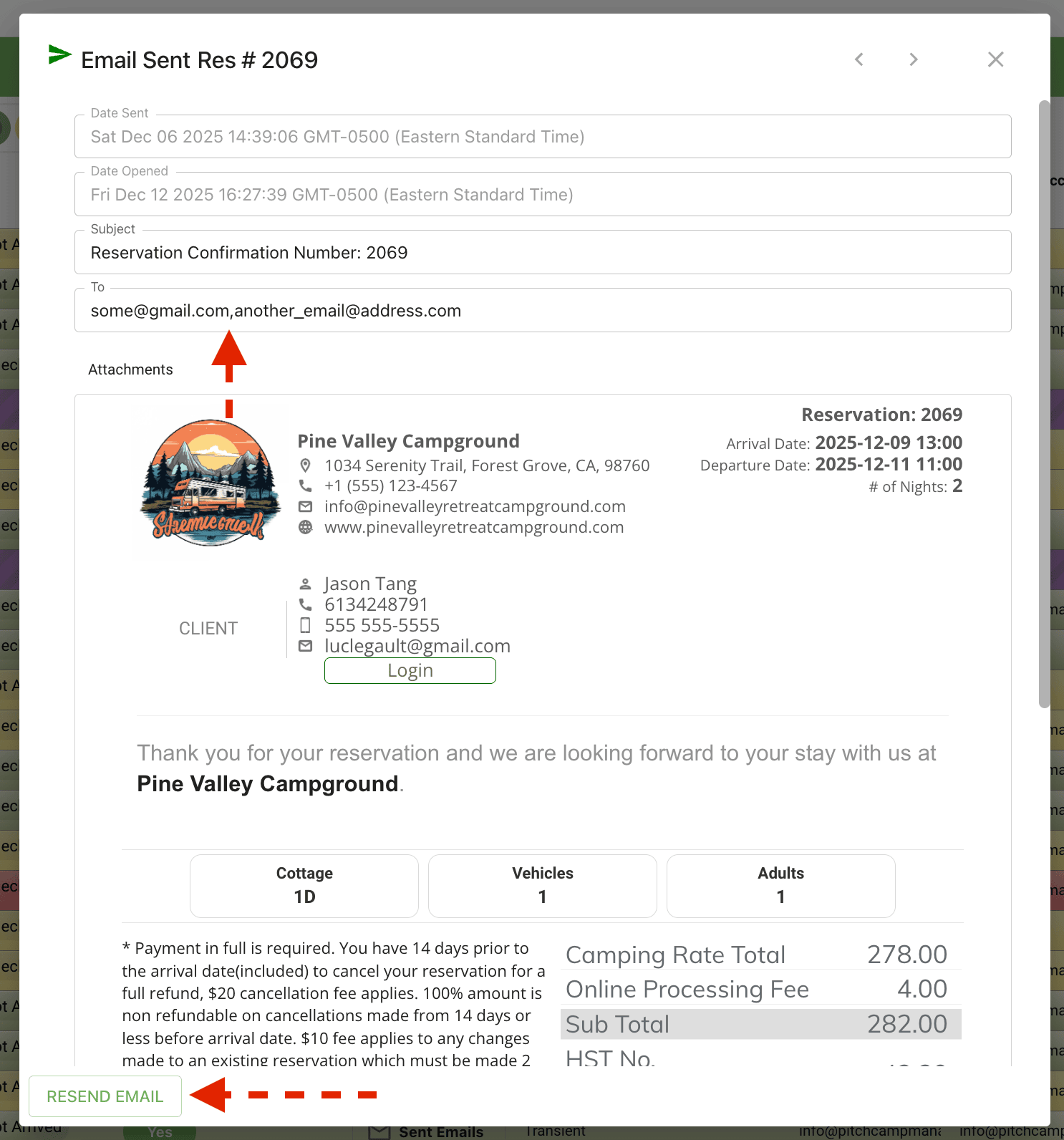 Email detail panel with resend option