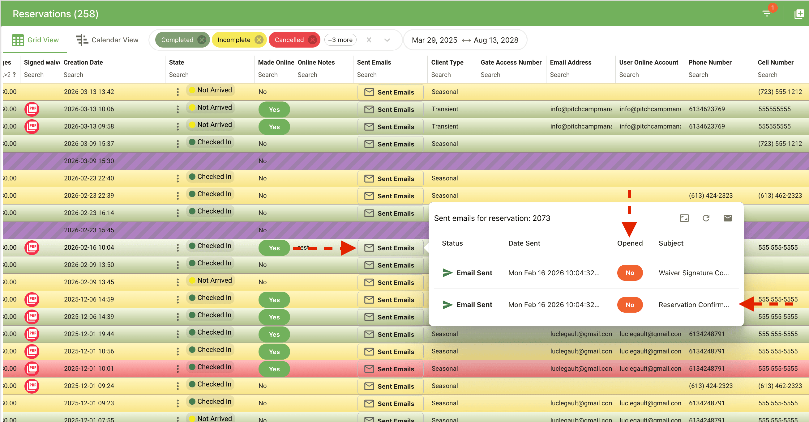 Sent Emails button on the reservation grid