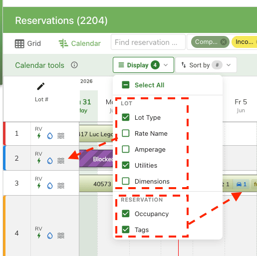 Timeline Display options for choosing lot column and reservation details
