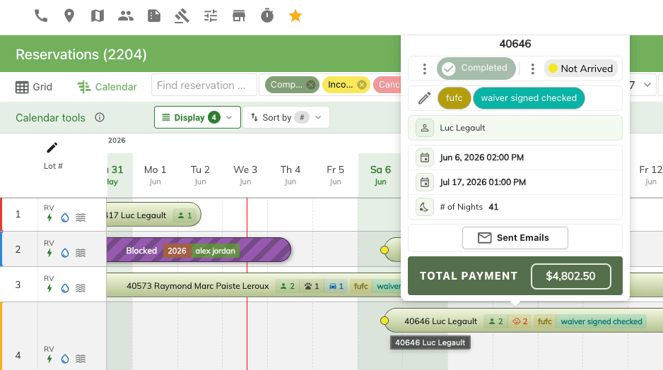 Reservation timeline with occupancy and tags displayed on reservation blocks