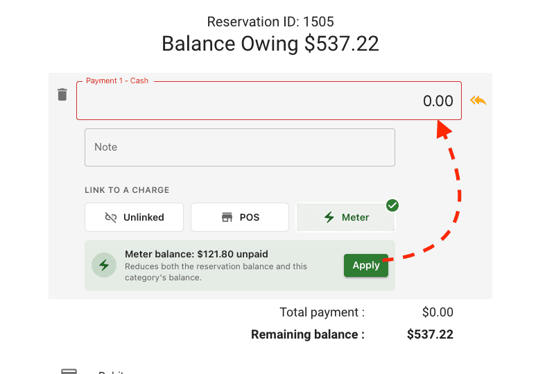 LINK TO A CHARGE picker with Unlinked, POS, and Meter card buttons