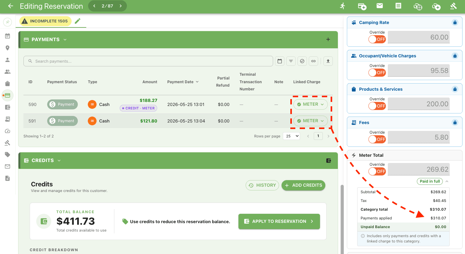 Linked Charge column with a METER pill expanded into a dropdown of Unlinked, POS, and Meter options