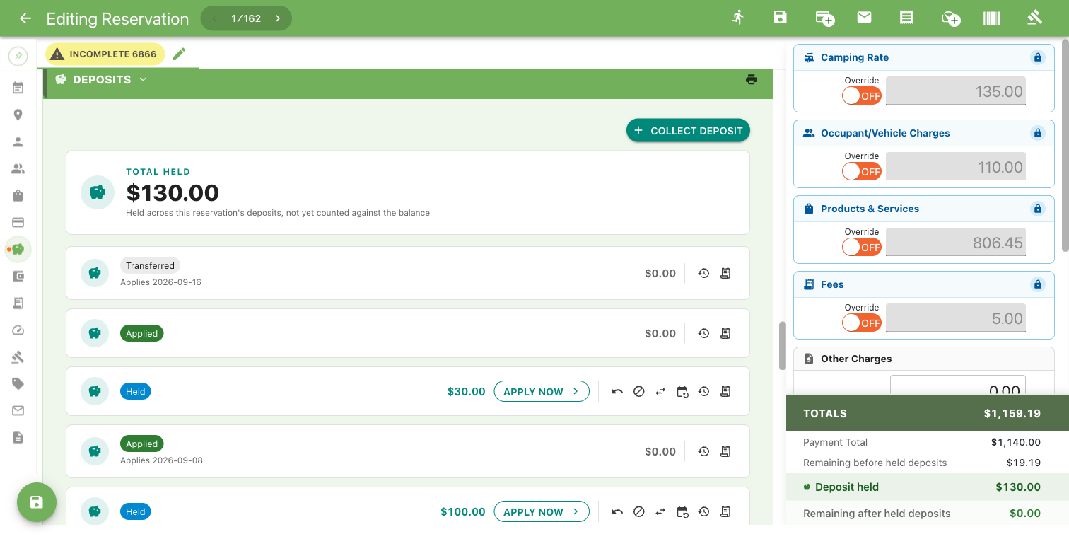 Deposits panel showing a Total Held summary card and five deposit rows with different statuses: Transferred, Applied, Held, Applied, and Held