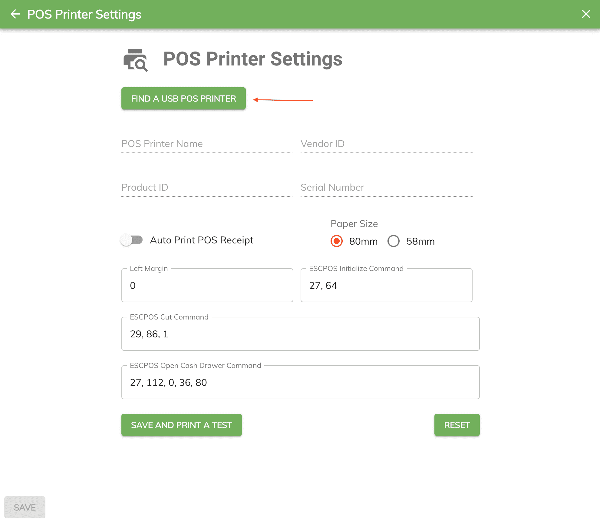 thermal printer settings page