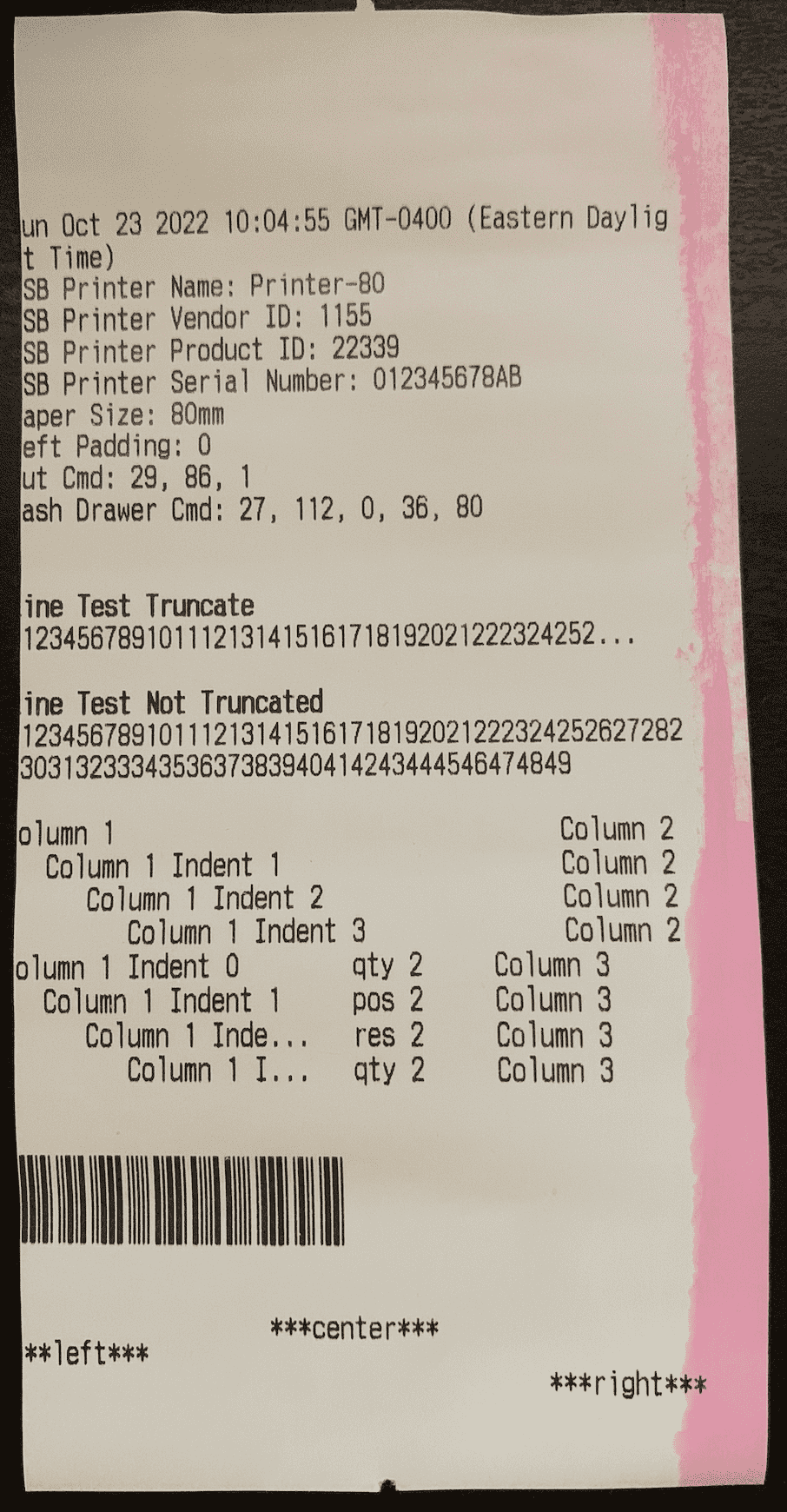 thermal printer test printout