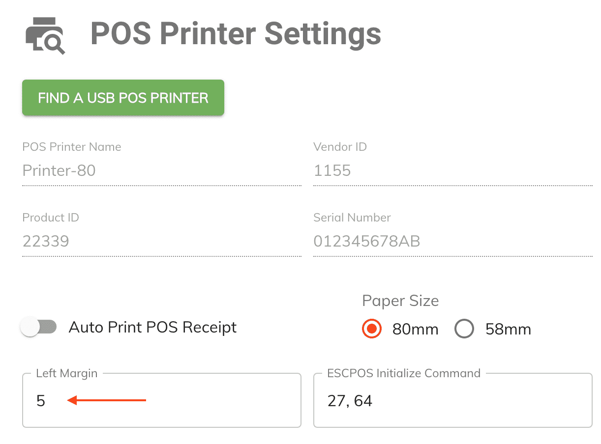 thermal printer margins settings